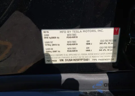 2015 Tesla Model S 70D/85D/P85D from USA, damaged, VIN 5YJSA1H25FFP70481